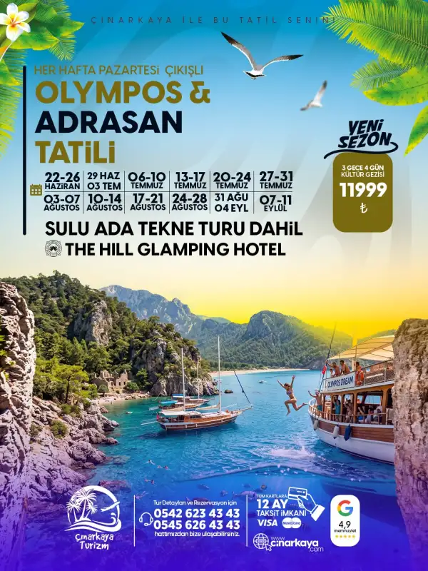 OLİMPOS - ÇIRALI TATİLİ- SULU ADA TEKNE TURU DAHİL